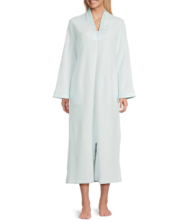 Miss Elaine Long Sleeve V Neck Micro Fleece Long Zip Robe
