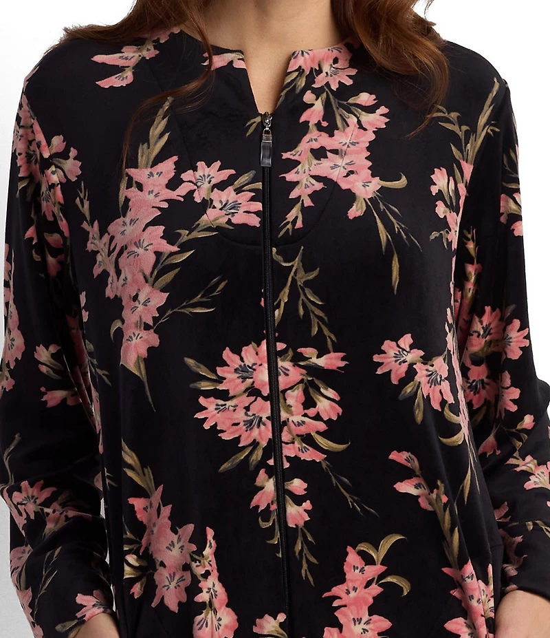 Miss Elaine Luxe Fleece Floral Print Long Sleeve Round Neck Long Zip Robe