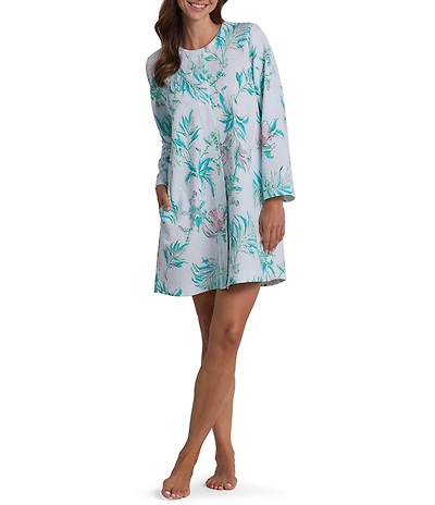 Miss Elaine Painted Tropical Print Long Sleeve Quilt-In-Knit Short Snap Robe