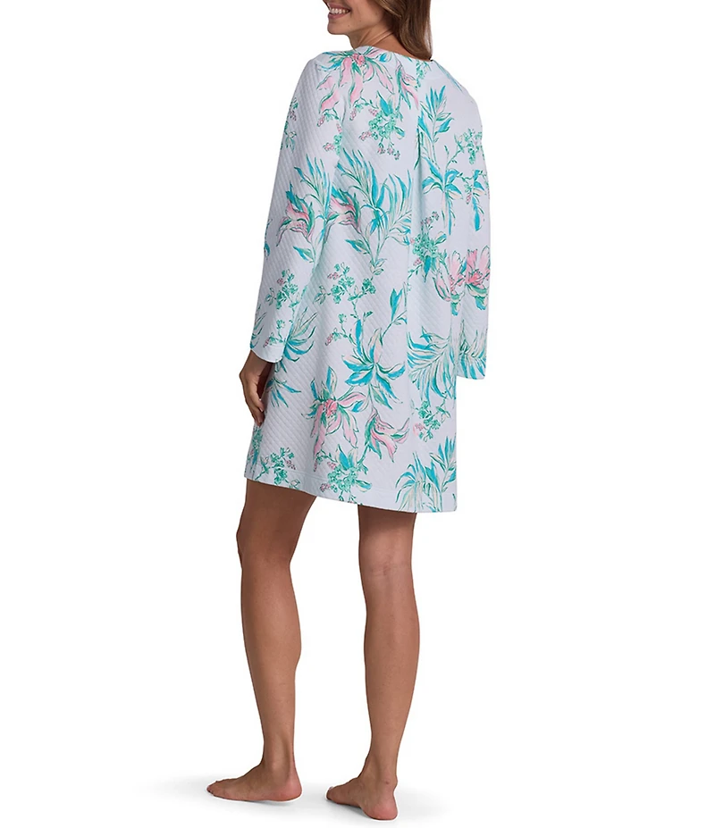 Miss Elaine Painted Tropical Print Long Sleeve Quilt-In-Knit Short Snap Robe