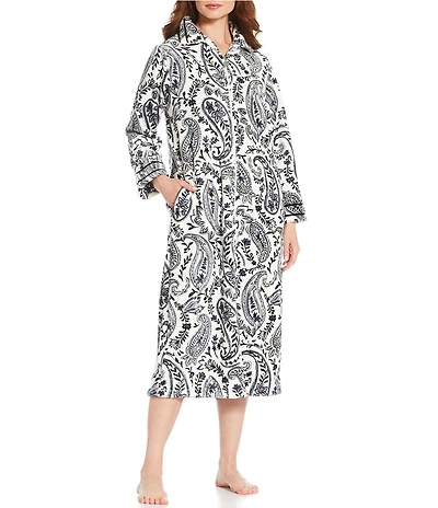 Miss Elaine Paisley Print French Fleece Long Sleeve Collar Neck Long Zip Robe