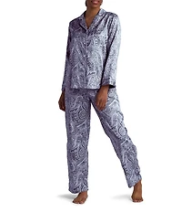 Miss Elaine Paisley Print Long Sleeve Notch Collar Satin Pajama Set