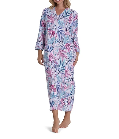 Miss Elaine Palm Fronds Print 3/4 Sleeve V-Neck Interlock Knit Long Zip Robe