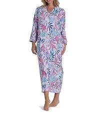 Miss Elaine Palm Fronds Print 3/4 Sleeve V-Neck Interlock Knit Long Zip Robe