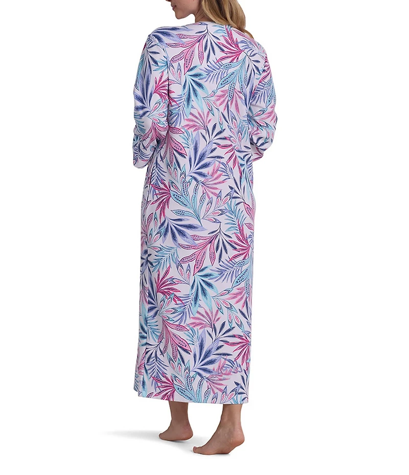 Miss Elaine Palm Fronds Print 3/4 Sleeve V-Neck Interlock Knit Long Zip Robe