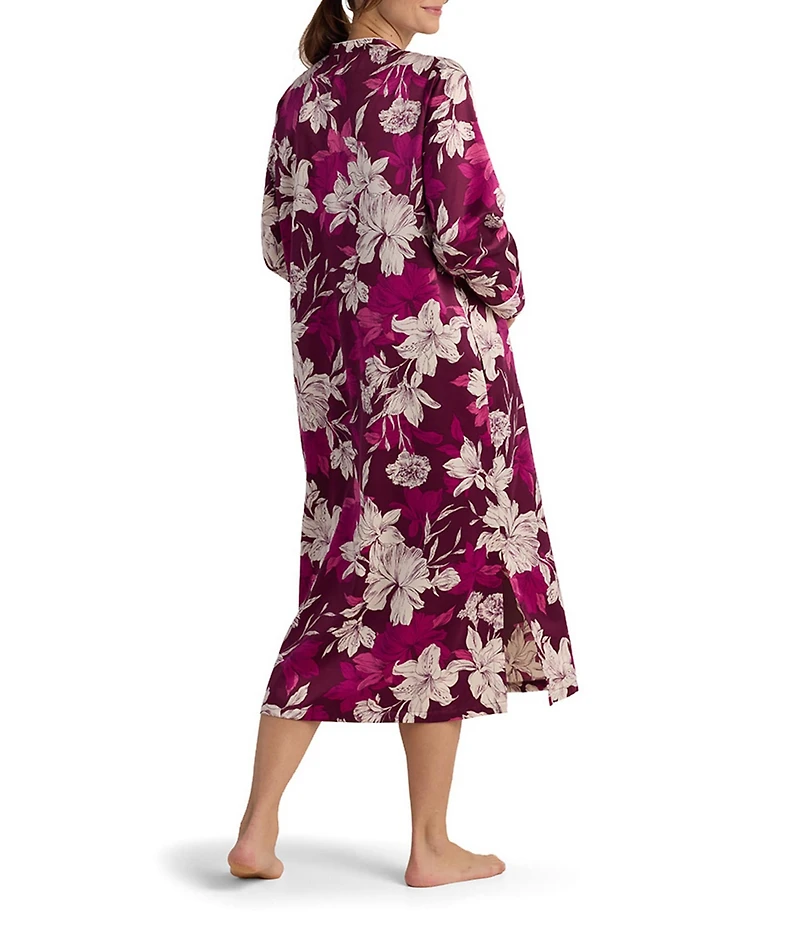 Miss Elaine Petite Floral Print Long Sleeve Mandarin Collar Brushed Back Satin Woven Long Zip Robe
