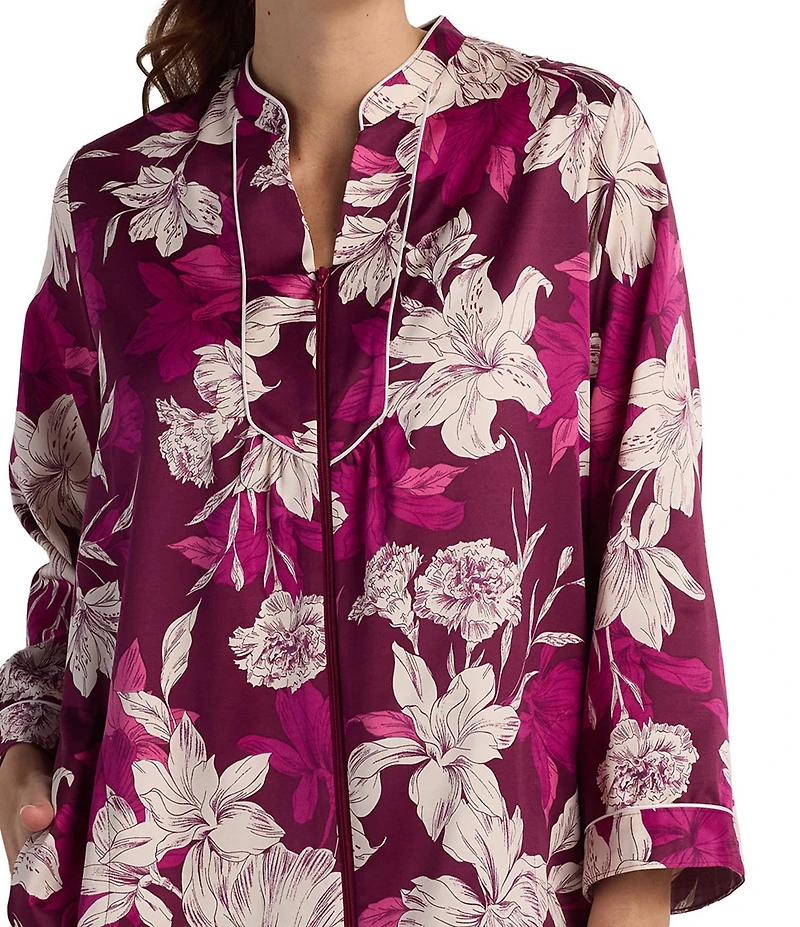 Miss Elaine Petite Floral Print Long Sleeve Mandarin Collar Brushed Back Satin Woven Long Zip Robe