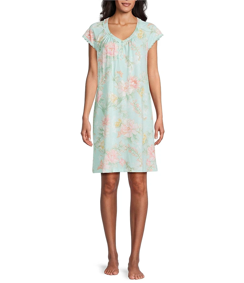 Miss Elaine Petite Floral Print Short Sleeve Round Neck Knit Short Nightgown
