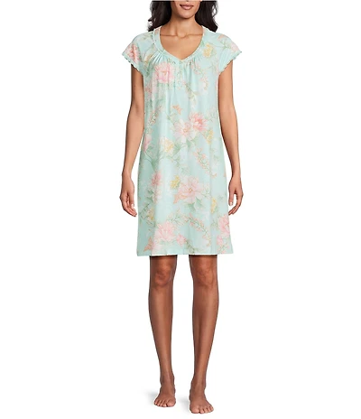 Miss Elaine Petite Floral Print Short Sleeve Round Neck Knit Short Nightgown