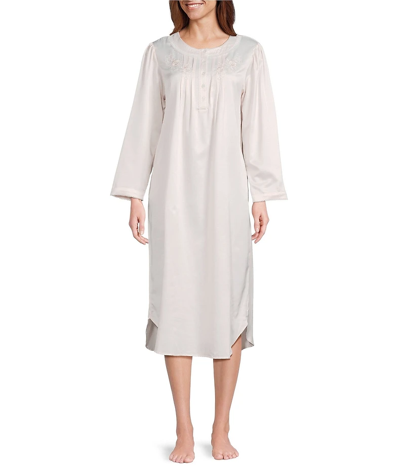 Miss Elaine Petite Long Sleeve Round Neck Brushed Back Satin Woven Jacquard Long Nightgown