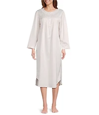 Miss Elaine Petite Long Sleeve Round Neck Brushed Back Satin Woven Jacquard Long Nightgown