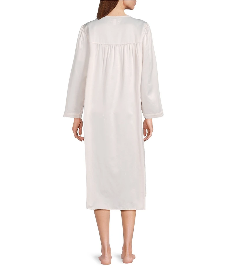 Miss Elaine Petite Long Sleeve Round Neck Brushed Back Satin Woven Jacquard Long Nightgown