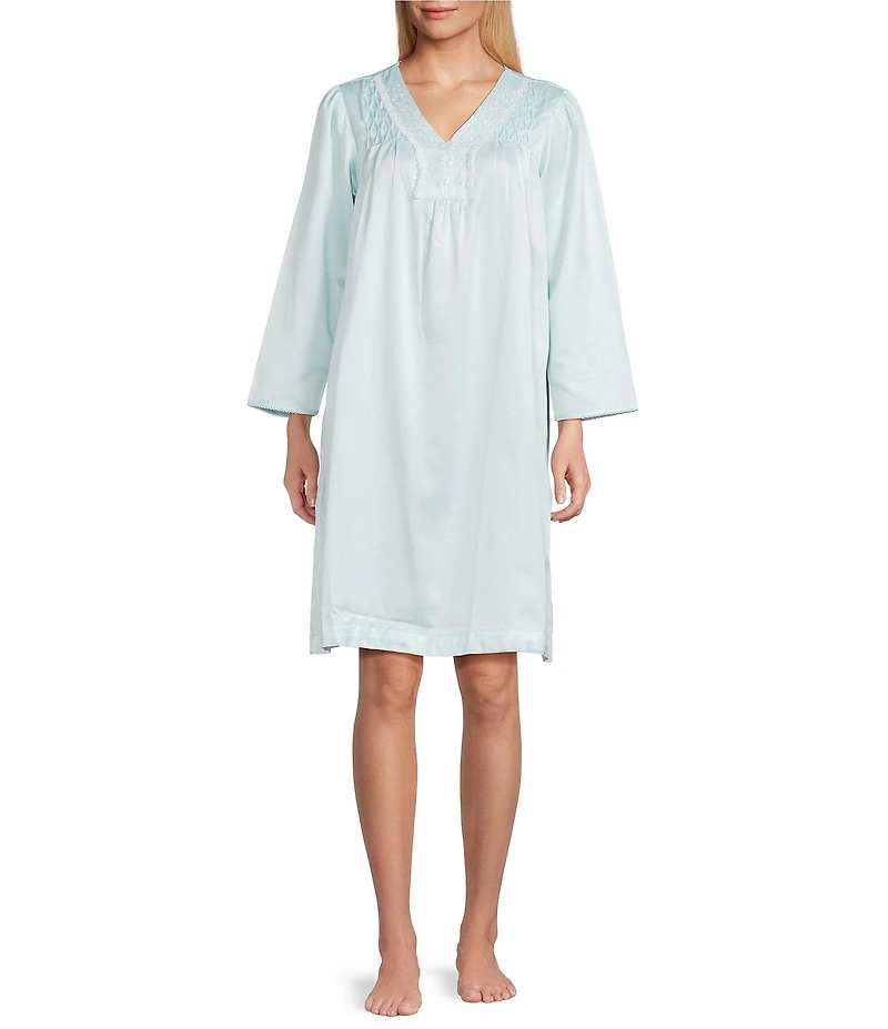 Miss Elaine Petite Long Sleeve V-Neck Brushed Back Satin Short Nightgown