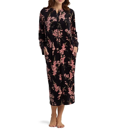 Miss Elaine Petite Luxe Fleece Floral Print Long Sleeve Round Neck Knit Long Zip Robe