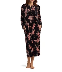 Miss Elaine Petite Luxe Fleece Floral Print Long Sleeve Round Neck Knit Long Zip Robe
