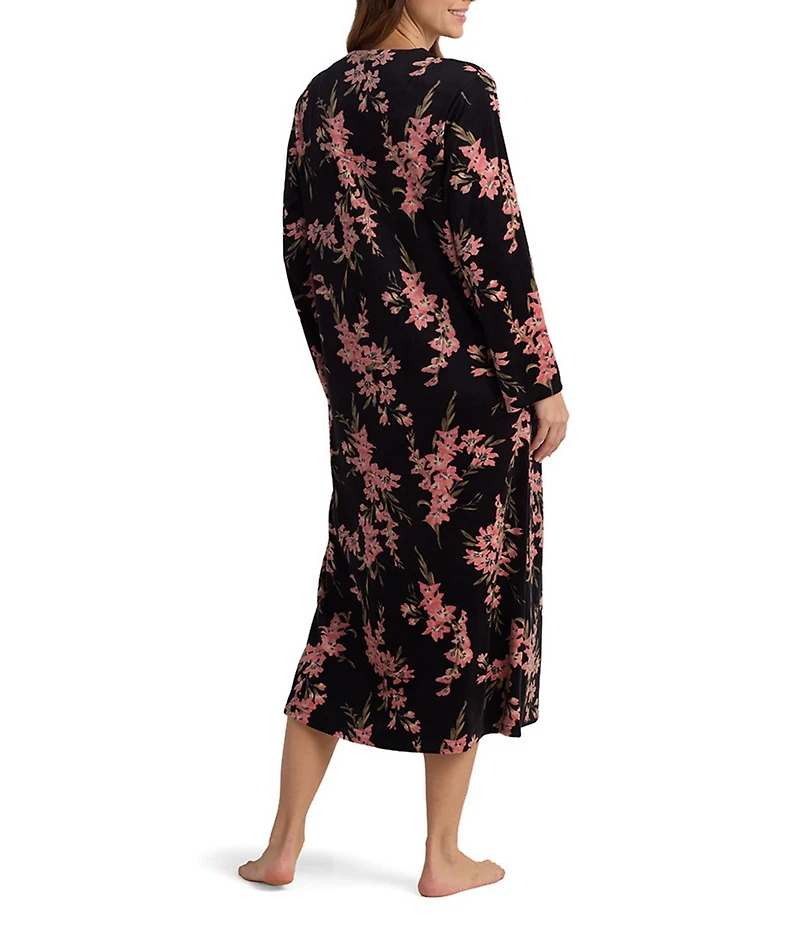 Miss Elaine Petite Luxe Fleece Floral Print Long Sleeve Round Neck Knit Long Zip Robe