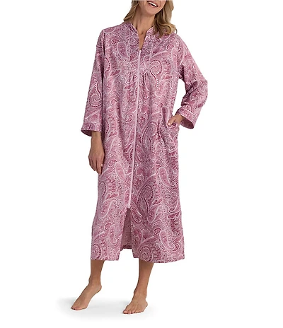 Miss Elaine Petite Paisley Print Long Sleeve Mandarin Collar Brushed Back Satin Woven Long Zip Robe