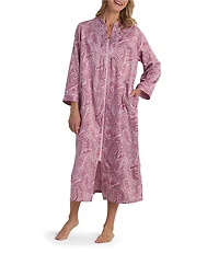 Miss Elaine Petite Paisley Print Long Sleeve Mandarin Collar Brushed Back Satin Woven Long Zip Robe