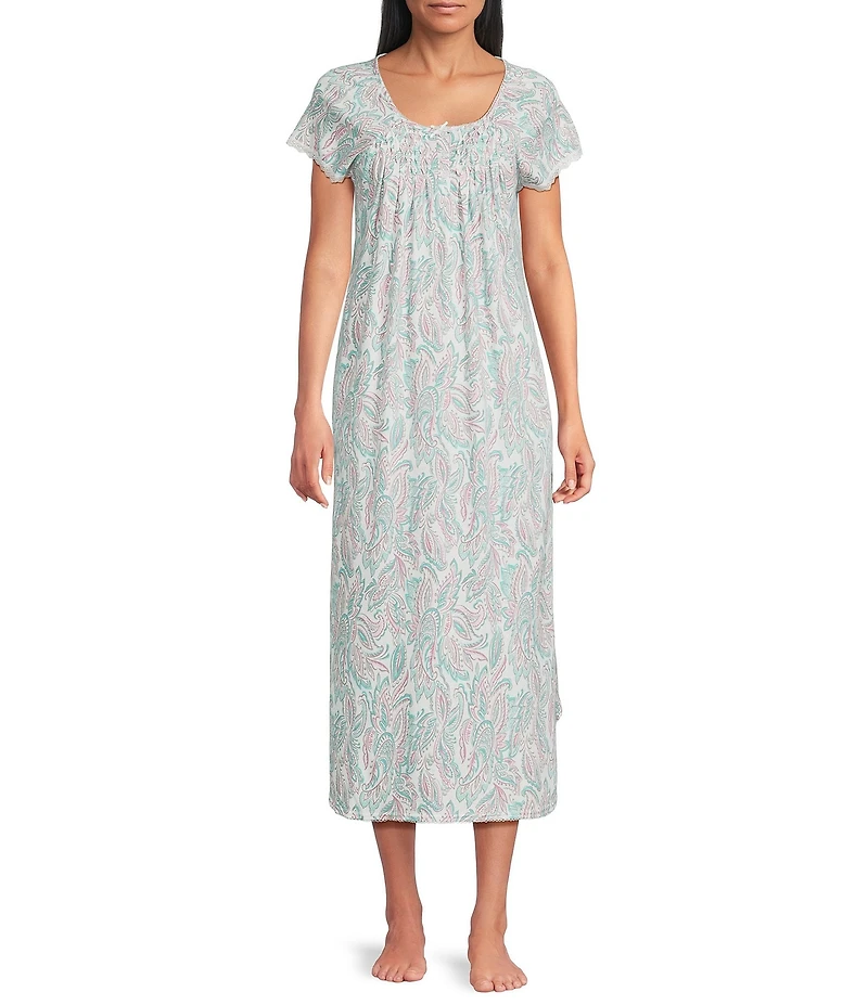 Miss Elaine Petite Size Cottonessa Paisley Print Short Sleeve Round Neck Long Nightgown