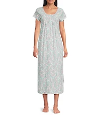 Miss Elaine Petite Size Cottonessa Paisley Print Short Sleeve Round Neck Long Nightgown