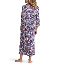 Miss Elaine Petite Size Interlock Knit Paisley Print Long Sleeve Round Neck Long Zip Robe