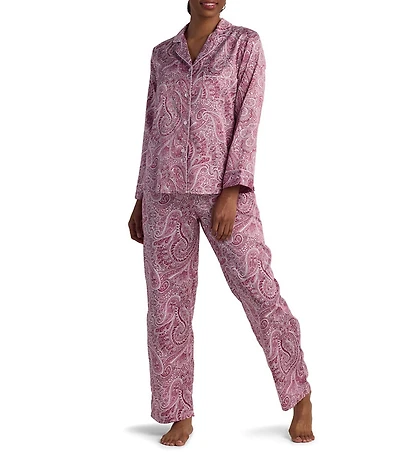 Miss Elaine Petite Size Paisley Print Long Sleeve Notch Collar Satin Pajama Set