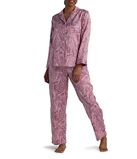 Miss Elaine Petite Size Paisley Print Long Sleeve Notch Collar Satin Pajama Set