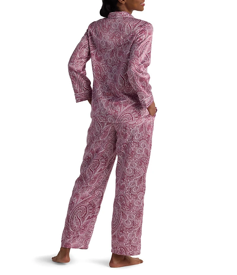 Miss Elaine Petite Size Paisley Print Long Sleeve Notch Collar Satin Pajama Set