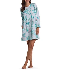 Miss Elaine Petite Size Quilt-In-Knit Painted Tropical Print Long Sleeve Short Snap Robe