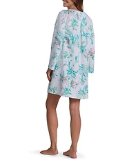 Miss Elaine Petite Size Quilt-In-Knit Painted Tropical Print Long Sleeve Short Snap Robe
