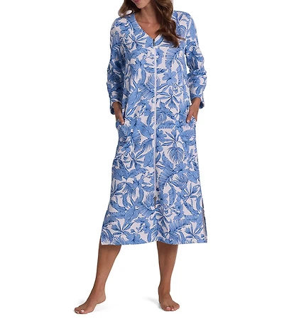 Miss Elaine Petite Size Quilt In Knit Tropical Print 3/4 Sleeve V-Neck Long Zip-Front Robe