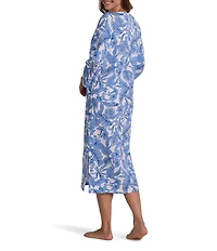 Miss Elaine Petite Size Quilt In Knit Tropical Print 3/4 Sleeve V-Neck Long Zip-Front Robe