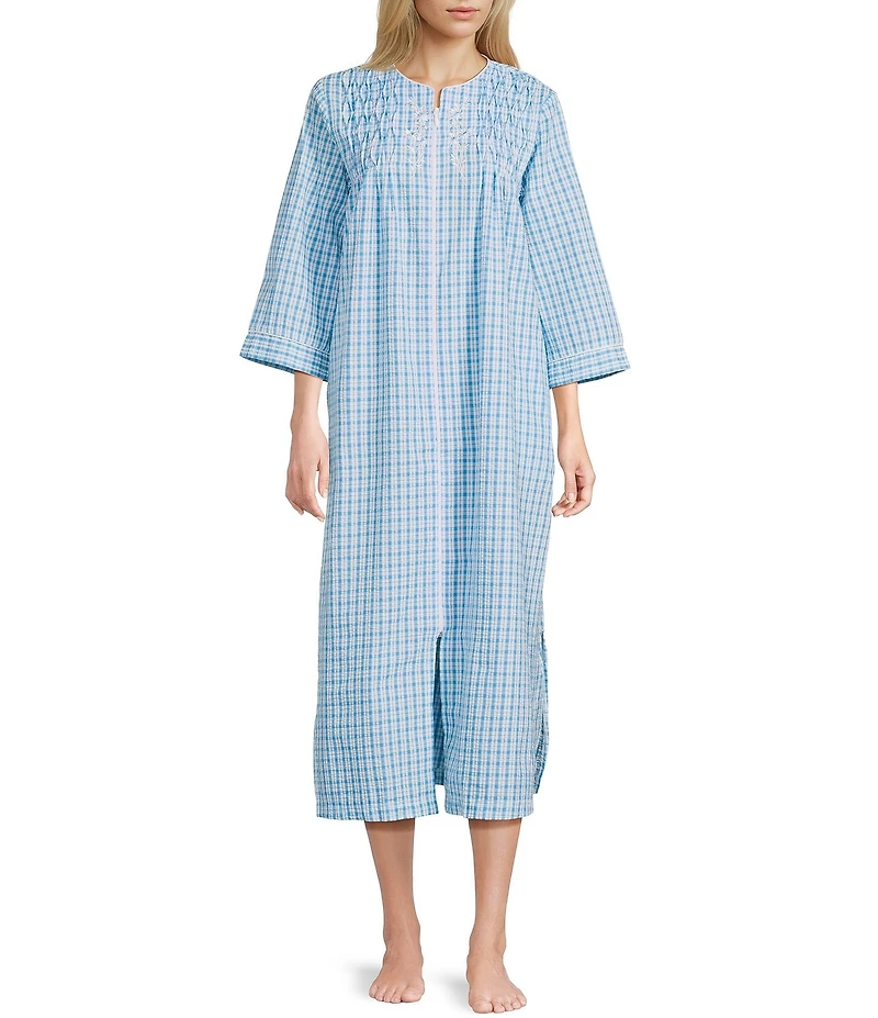 Miss Elaine Petite Size Seersucker Long Check Print Zip-Front Robe