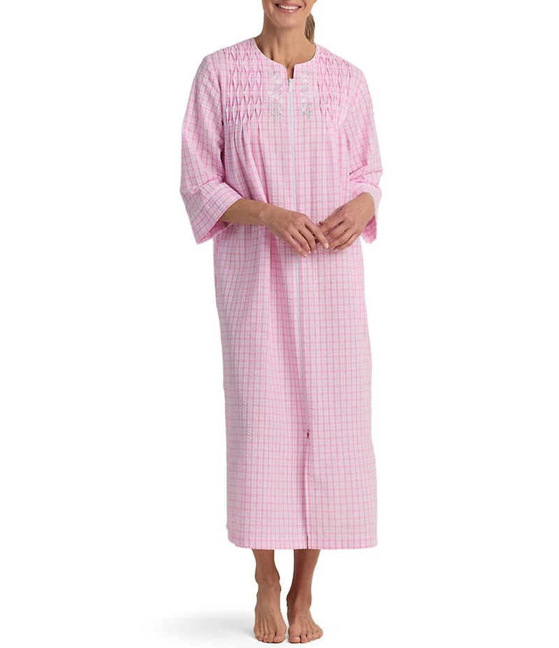 Miss Elaine Petite Size Seersucker Long Check Print Zip-Front Robe