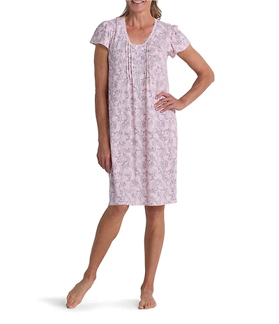 Miss Elaine Petite Size Silky Knit Springtime Floral Print Short Sleeve V Neck Short Nightgown