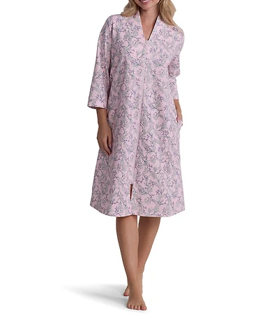 Miss Elaine Petite Size Springtime Floral Print 3/4 Sleeve V-Neck French Terry Knit Short Zip Robe