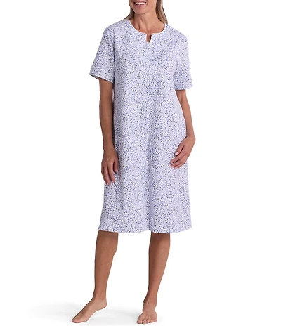 Miss Elaine Petite Size Tiny Stem Print Short Sleeve Round Neck French Terry Knit Short Robe