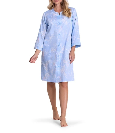 Miss Elaine Petite Size Wildflower Print 3/4 Sleeve Sateen Woven Short Snap Robe