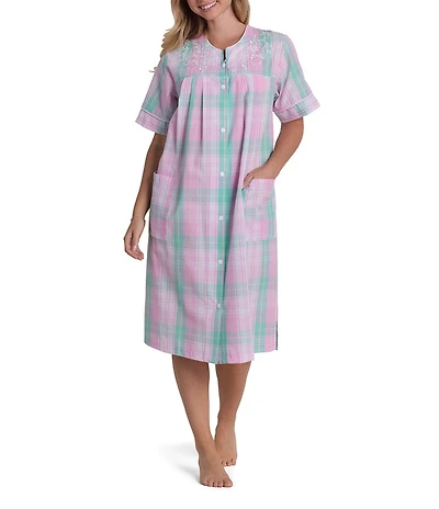 Miss Elaine Plaid Seersucker Short Sleeve Woven Snap-Front Robe