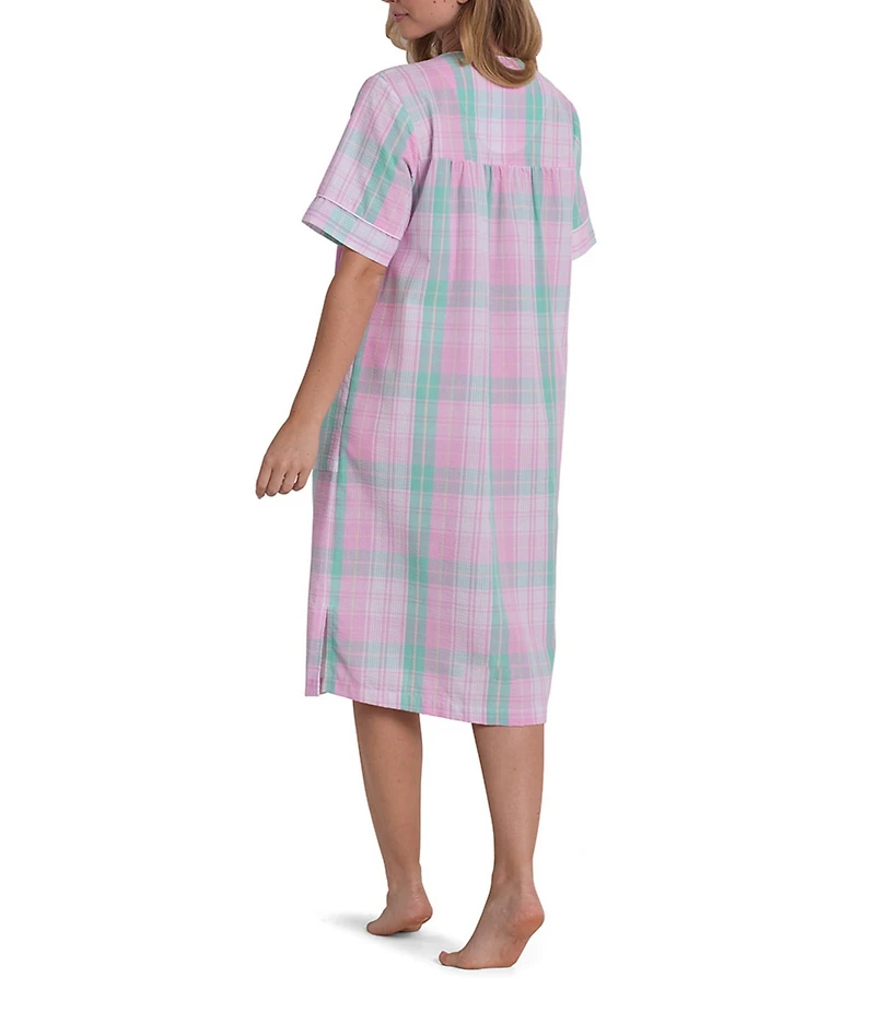 Miss Elaine Plaid Seersucker Short Sleeve Woven Snap-Front Robe