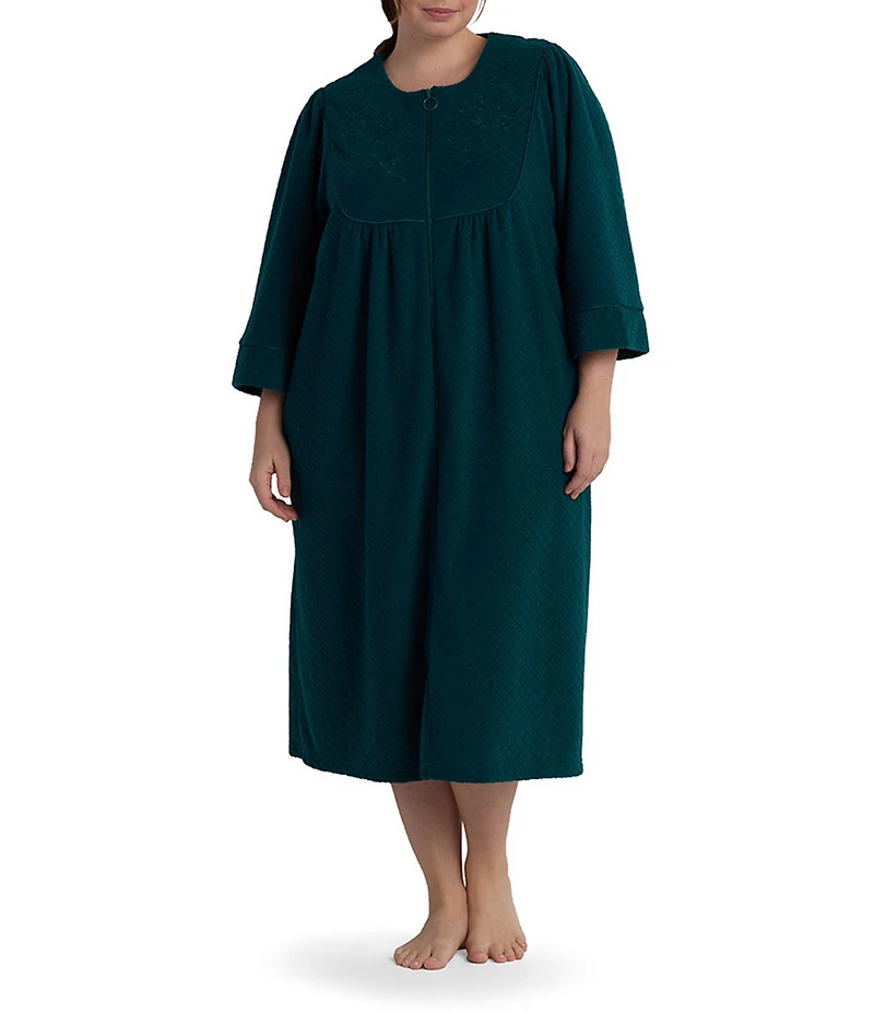 Miss Elaine Plus Size Brushed Back Terry Knit Diamond Long Zip Robe