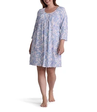 Miss Elaine Plus Size Cottonessa Garden Paisley Print 3/4 Sleeve Knit Short Nightgown