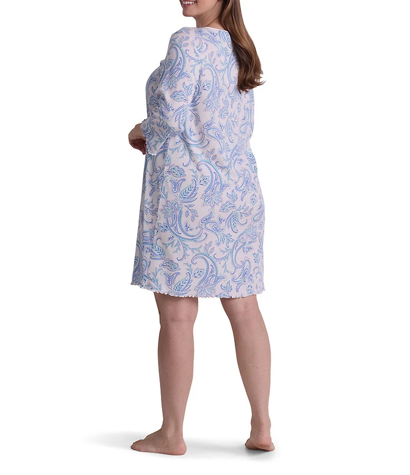 Miss Elaine Plus Size Cottonessa Garden Paisley Print 3/4 Sleeve Knit Short Nightgown