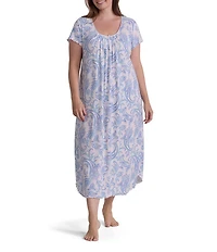 Miss Elaine Plus Size Cottonessa Garden Paisley Print Short Sleeve Knit Long Nightgown