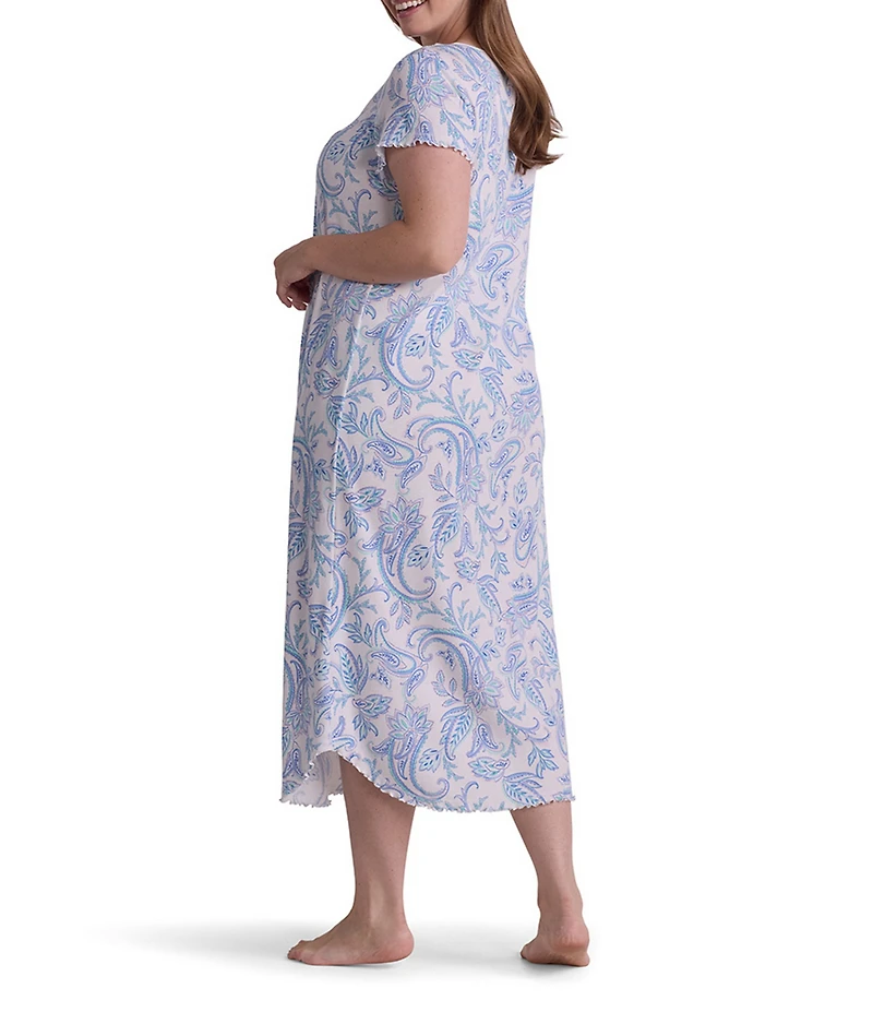 Miss Elaine Plus Size Cottonessa Garden Paisley Print Short Sleeve Knit Long Nightgown