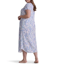 Miss Elaine Plus Size Cottonessa Garden Paisley Print Short Sleeve Knit Long Nightgown