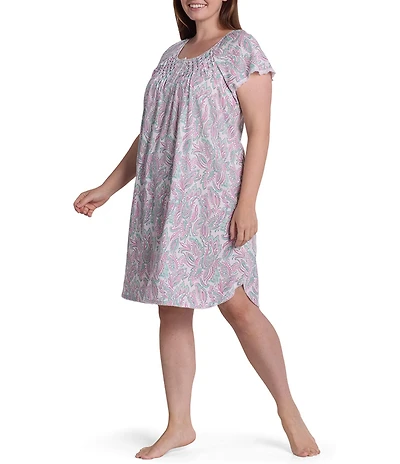 Miss Elaine Plus Size Cottonessa Knit Paisley Print Short Sleeve Round Neck Short Nightgown