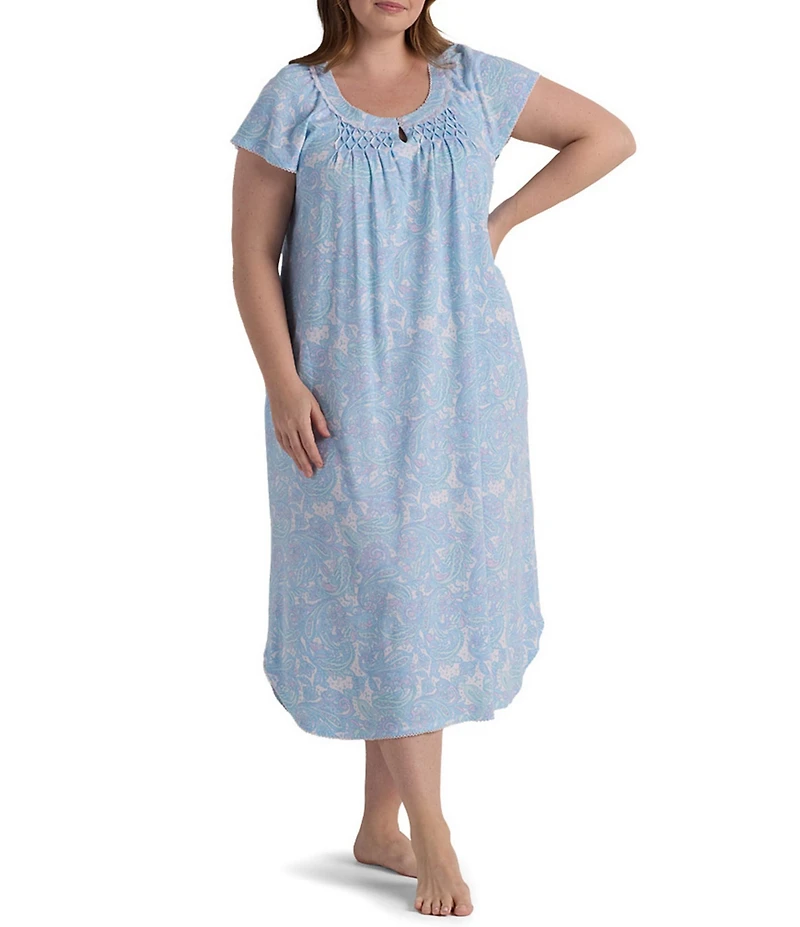 Miss Elaine Plus Size Cottonessa Paisley Print Scoop Neck Short Sleeve Long Knit Nightgown