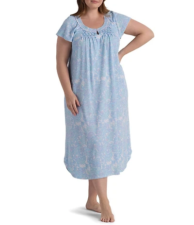 Miss Elaine Plus Size Cottonessa Paisley Print Scoop Neck Short Sleeve Long Knit Nightgown