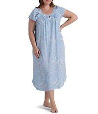 Miss Elaine Plus Size Cottonessa Paisley Print Scoop Neck Short Sleeve Long Knit Nightgown